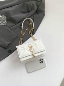 Korean Fashionable Embossed Diamond Pattern Letter Casual Handbag For Women, 2024 New Netizen Simple Shoulder Messenger Small Square Bag , Old Money, White Bag - White - View 8