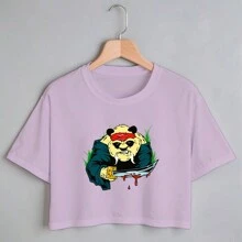 Blusa Blusinha Camiseta Cropeed TShirt Feminina 100% Algodão Tecido Premium Estampa Panda Samurai - Roxo - Visão 2