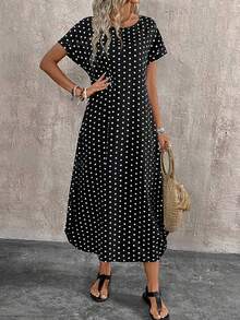 Plus Size Polka Dot Print Casual Resort Swing Dress With Batwing Sleeves