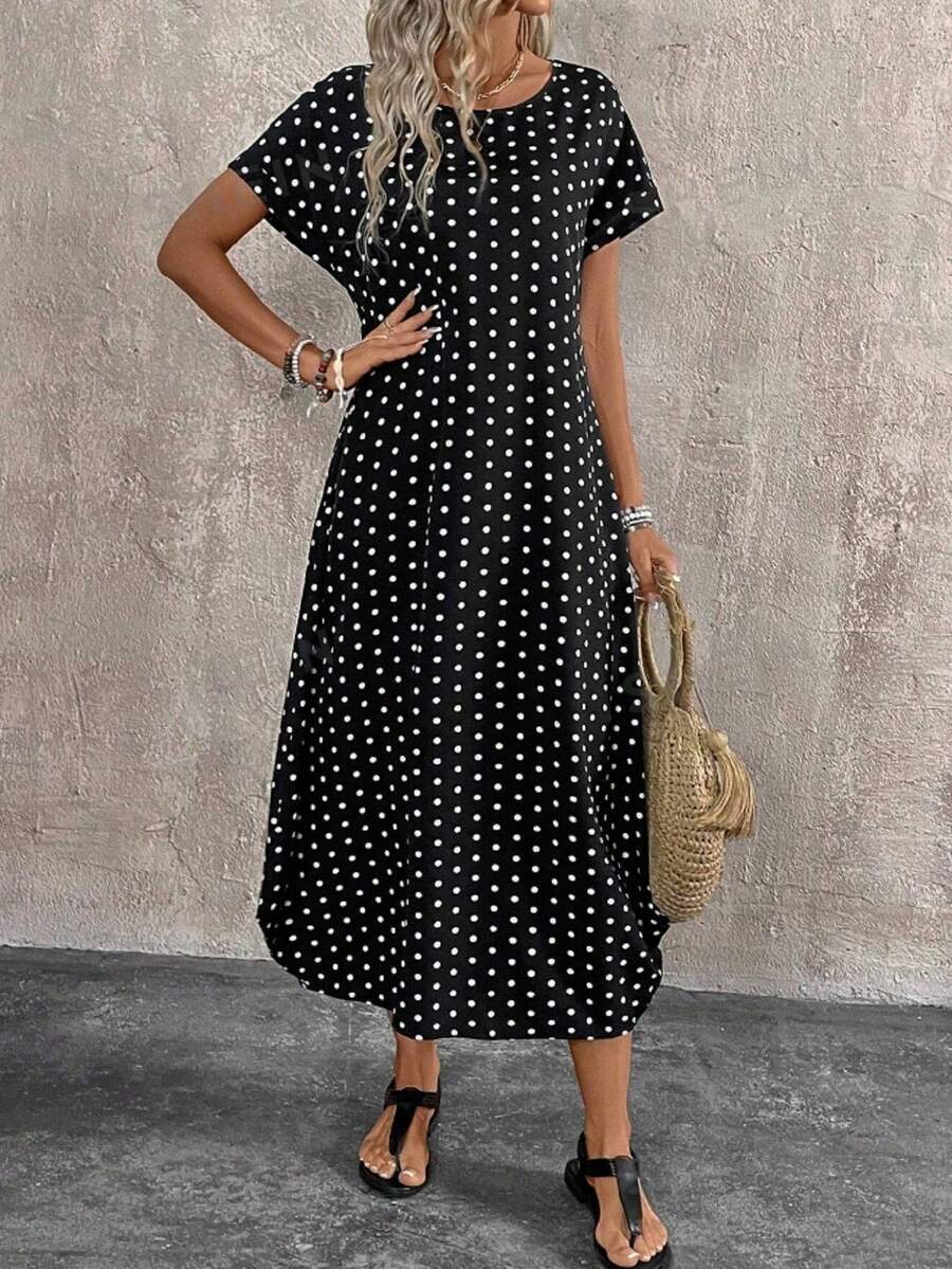 Plus Size Polka Dot Print Casual Resort Swing Dress With Batwing Sleeves