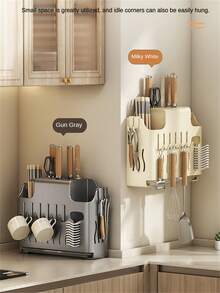 1pc Wall-Mounted Stainless Steel Kitchen Storage Rack, Multifunctional Kitchen Shelf, Knife Holder, Organizer And Storage For Kitchen Utensils - Multicolor - View 8