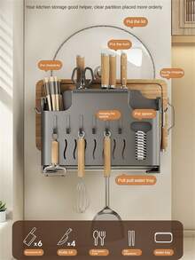 1pc Wall-Mounted Stainless Steel Kitchen Storage Rack, Multifunctional Kitchen Shelf, Knife Holder, Organizer And Storage For Kitchen Utensils - Multicolor - View 6