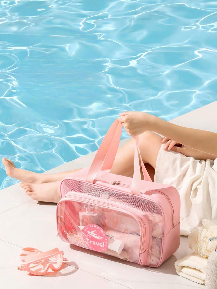 1pc 沙滩包托特沙滩包手提包，大容量双层加厚沙滩包，女士手提包，透明手提包，防水洗漱包，化妆包，透明化妆品收纳包，时尚简约防水适合户外活动、露营海滩、泳池、居家、健身，适合女孩、女士、妻子、女朋友、母亲作为礼物 - 粉色 - 查看 1