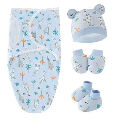 6pcs/1set Newborn Baby Swaddle Blanket & Scratch-Free Gloves & Footwear, Infant Receiving Blanket And Anti-Kicking Sleeping Bag Four-Piece Set For Spring And Autumn, Cartoon Patterns Cute Floor Socks & Hat & Scratch-Free Gloves, Unisex Baby Gift Love Valentine