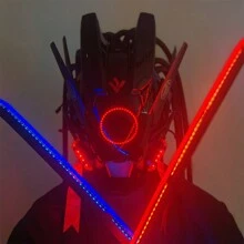 1Pcs Cool LED Lights Punk Mask With Tubular Braid Futurist Science Fiction Mechanical Mask Halloween Cosplay Masks Sci-Fi Gear Party Music Festival Props - 紅色 - 查看 3