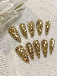 1 set de stickers d'ongles en forme de larme longue, couleur or champagne craquelé avec strass. Manucure de luxe haut de gamme faite main, convient pour les fêtes, anniversaires, rassemblements et autres occasions. Fournitures pour ongles, faux ongles à poser - Multicolore - Voir 2