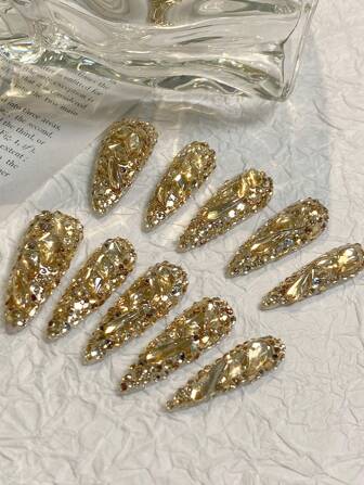 A Set Of Long Water Droplet Champagne Gold Burst Sparkling Rhinestones Handmade Press On Nails, Heavy Industry High-End Luxury, Suitable For Parties, Birthdays, Parties And Other Occasions Nail Supplies Nails