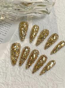 1 set de stickers d'ongles en forme de larme longue, couleur or champagne craquelé avec strass. Manucure de luxe haut de gamme faite main, convient pour les fêtes, anniversaires, rassemblements et autres occasions. Fournitures pour ongles, faux ongles à poser - Multicolore - Voir 3