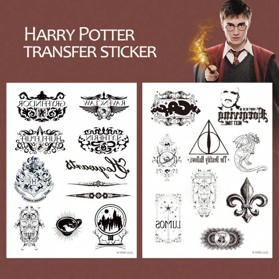 WB 2PCS Harry Potter Officially Licensed Tattoo Stickers Washable Long-Lasting Not Easy To Fade Good Body Effect Water Transfer Sticker Colorful Geometric Four College Hogwarts Logo - Black - View 1