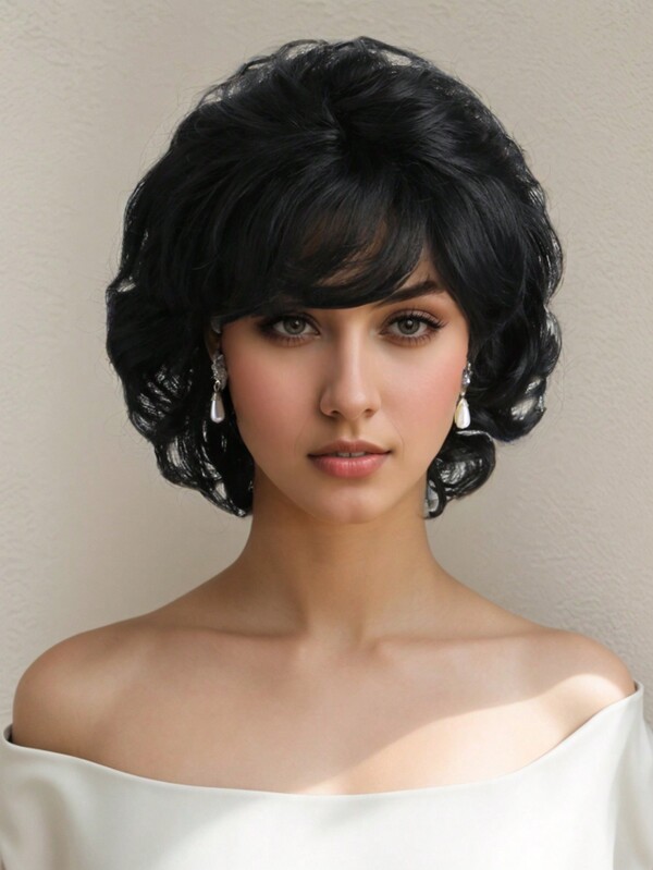 12-Inch Brown Short Curly Wig With Bangs, Fluffy And Fashionable, Suitable For Mothers Everyday Wear