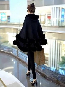 1 Peça Casaco de Suéter Longo Oversized com Capuz, Gola de Pele Sintética de Coelho, Bainha com Franjas, Tecido Acrílico Tricotado, Estilo Europeu e Americano, Novo Outono/Inverno, para Vestido