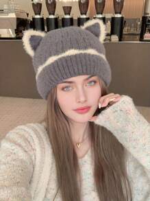1 件装可爱耳饰针织冬帽，女士，温暖舒适，大头围，适合秋冬季情人节