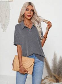Women's Tops Fashion Ribbed Polo V Neck Casual Work Blouse Short Sleeve T-Shirt - màu đen - Xem 3