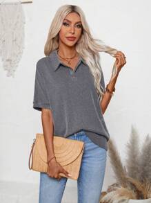 Women's Tops Fashion Ribbed Polo V Neck Casual Work Blouse Short Sleeve T-Shirt