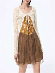 Women Plain Simplex Everyday Hollow-Out Cardigan - Beige - View 4