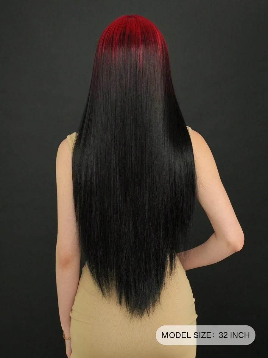 7JHH WIGS Ombre Red To Black Costume Wig For Women Extra Long Straight Hair Wig Middle Part Synthetic Heat Resistant Artificial Fiber Hair Suitable For Girl Party Stage Play Cosplay Use 32 Inch - 漸層紅色 - 查看 1