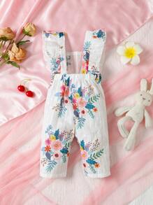 女婴碎花荷叶边连体衣 - 白色 - 查看 2