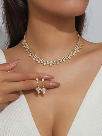 華麗亮麗的18K鍍金水晶立方氧化鋯女士珠寶套裝，項鏈+耳環，優雅時尚，適用於婚禮，派對及各種場合