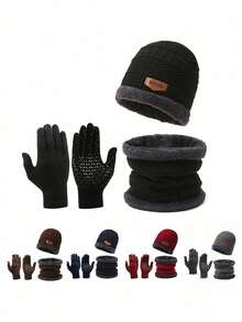 Men Knit Hat Scarf And Gloves 3-Piece Set, Warm Thermal Lined Outdoor Winter Beanie - Black - View 7