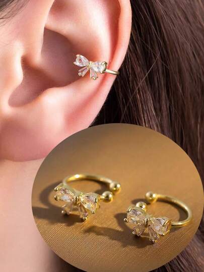 1pair Fashionable Bowknot Cubic Zirconia Copper Ear Clips For Women, No Piercing Required, Shiny & High-End Ear Accessories For Daily & Festival Gift Valentines,Mom,Mother,Mother's Day,Gift