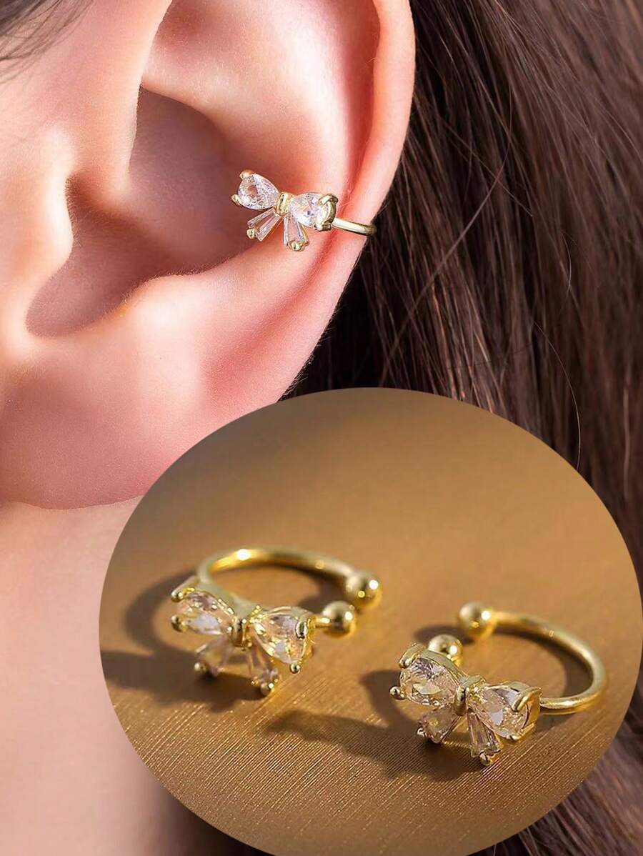 1 对时尚蝴蝶结方晶锆石铜耳夹，适合女士，无需穿孔，闪亮高端耳饰，适合日常和节日礼物，情人节、妈妈、母亲、母亲节、礼物 - 蝴蝶結耳骨夾 - 查看 1