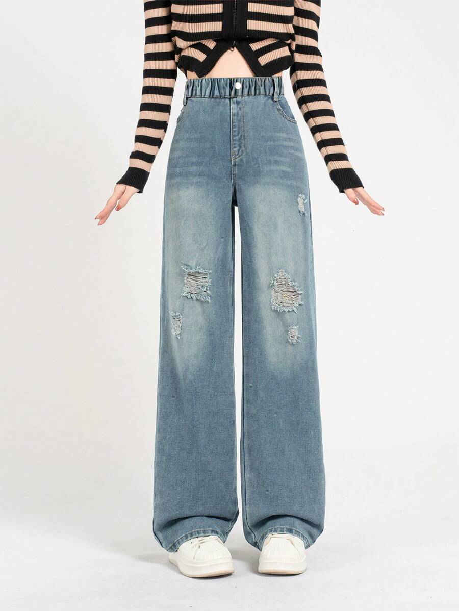 Tween Girl's Straight-Leg Ripped Jeans, Casual Washed Denim - Blue - View 1