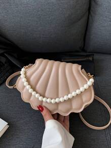 HELLO WEEKEND 1入組珍珠鏈繡PU材質手提翻蓋時尚手袋，適用於女士日常使用