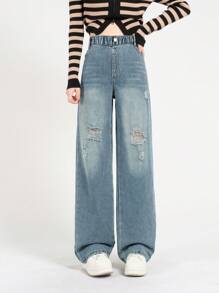 Tween Girl's Straight-Leg Ripped Jeans, Casual Washed Denim - Blue - View 2