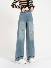 Tween Girl's Straight-Leg Ripped Jeans, Casual Washed Denim - Blue - View 3