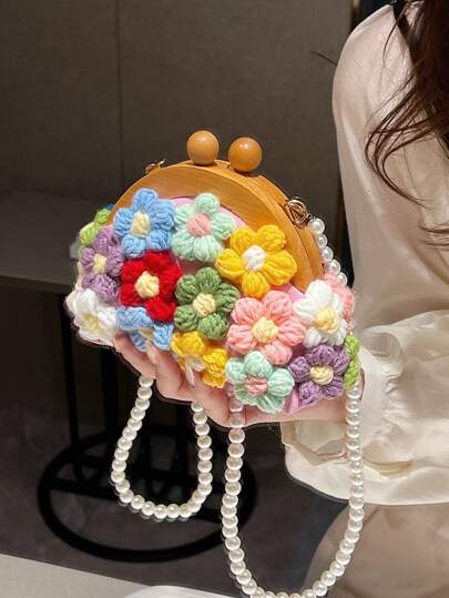 可愛編織花朵&珍珠裝飾鏈帶，時尚米妮斜挎包附貝殼，多色可選