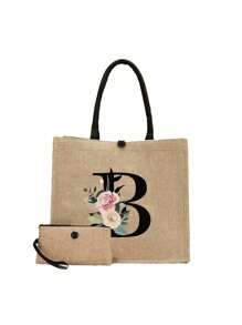 2件套简约花卉字母印花亚麻手提包，简约旅行包，化妆包，大容量旅行化妆包，多功能便携手提包，教师节礼物，感谢礼物，女士礼物，适合度假、海滩、旅行、通勤、商务、学生、野餐、露营、超市购物、日常收纳（肩带方向随机），最佳教师节礼物，海滩度假必备，最佳教师节礼物 - 卡其色 - 查看 21