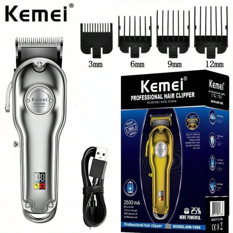 Kemei Hair Trimmer With Metal Body And LED Display KM-1986 Electric Clippers For Haircut - Silver - View 1