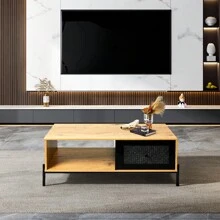 LIVINGANDHOME Living And Home  Modern TV Stand Wooden Storage Cabinet With Rattan Doors, Entertainment Centre TV Storage Cabinet With Rattan Doors, Rattan Coffee Table With Storage For Living Room, Direct Slatted Sliding Door TV Stand - Khaki - View 8