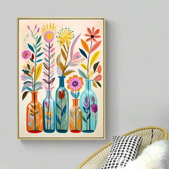 1pc Frameless Watercolor Canvas Painting, Colorful Flowers In Vase Poster Print, Suitable For Kids' Room, Girls' Bedroom, Living Room, Playroom Wall Decoration Gift,Wall Art Gifts Birthday Graduation