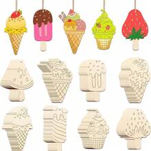 1 set/8 pezzi Sagome di gelato in legno per fai da te, estate e scarabocchi, bastoncini di legno bianchi per gelati, attività di pittura e artigianato, decorazioni per feste di compleanno, ciondolo per la ricerca di vacanze - Multicolore - Visualizzare 7