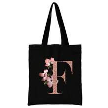 女士购物袋帆布袋手提袋可重复使用杂货手提袋储物袋玫瑰金字母姓名首字母图案旅行单肩包大容量学生手提包大容量帆布手提单肩包杂货袋书包，返校背包，大容量，轻便，便携，适合少女女大学生，非常适合返校、大学、初中、高中、工作、商务、通勤