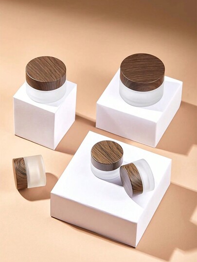 1 peça Frasco de Vidro Fosco Transparente 10G 20G 30G 50G, Frascos de Loção Cosmética Vazios, Com Revestimento Interior, Impressão de Transferência de Água com Tampa de Madeira Escura