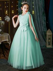 Tween Girl Tulle Bow Princess Dress, Girl Birthday Gift, Suitable For Party, Ball, Flower Girl, Bridesmaid, Wedding Ceremony, Solo Singing Competition, Performance, Celebration - Cadet Blue - View 6