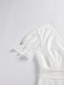 Women's V-Neck Lace Chiffon Ruffle Short Sleeve Floor-Length Bridal Wedding Dress - White - View 4