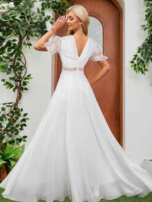 Women's V-Neck Lace Chiffon Ruffle Short Sleeve Floor-Length Bridal Wedding Dress - White - View 2