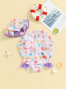 幼兒女童連身泳裝配帽，花卉印花長袖圓領前拉鍊荷葉邊泳裝