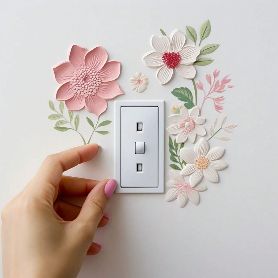 1pc 2D Pink & White Floral Switch Sticker, Self-Adhesive Removable Bedroom Outlet Decorative Sticker, Slight Color Difference May Exist Due To Lighting Conditions - Multicolor - View 1