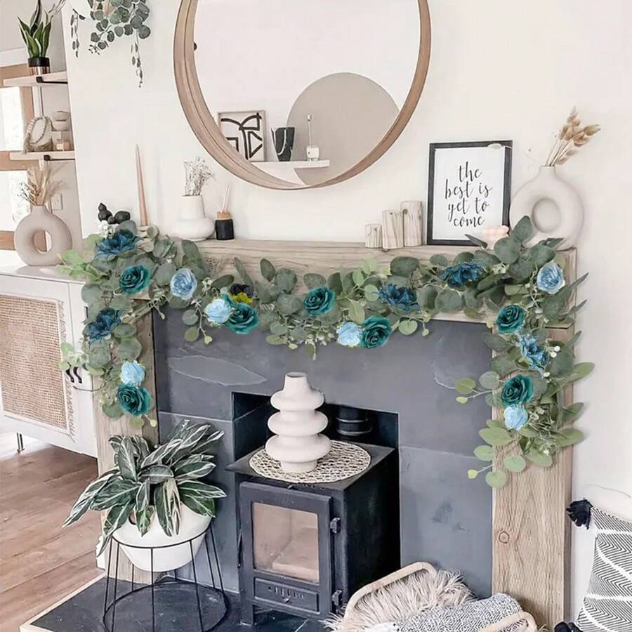 1入組5.9英尺人造花綠葉花藤裝飾，含有花朵的尤加利綠葉藤，粉色玫瑰花藤，可用於婚禮桌布中心點和背景裝飾 - 粉色 - 查看 1