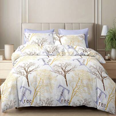 Juego de ropa de cama estampada de sarga, 2/3 piezas de funda de edredón y 1/2 piezas de funda de almohada (sin incluir el núcleo), con estampado de plantas y flores verdes, adecuado para el dormitorio principal, habitación de invitados, dormitorio de estudiantes, adolescentes, con estilo, sencillo, suave y transpirable, ideal como regalo, con estilo artístico y campestre