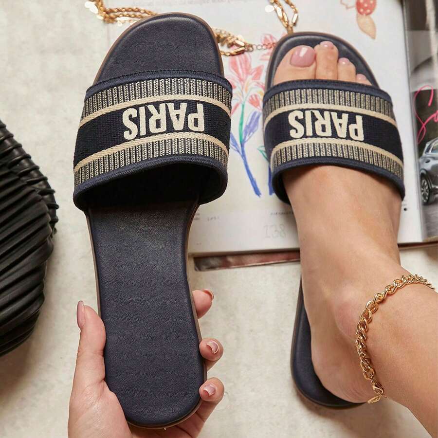 Women's Flat Sandals Summer Dress Flat Fashion Slippers Open Toe Slippers Woven Embroidered Sandals - Blue - View 1