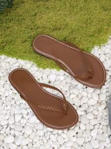 Ladies' Solid Color Zigzag Slip-On Sandals, Lightweight Open-Toe Women's Shoes Braided Strap Slippers