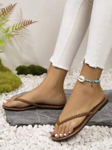 Ladies' Solid Color Zigzag Slip-On Sandals, Lightweight Open-Toe Women's Shoes Braided Strap Slippers