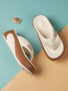 2024 新款女士厚底增高拖鞋，时尚户外人字拖凉鞋，适合矮个子女士，夏季 - 米色 - 查看 1