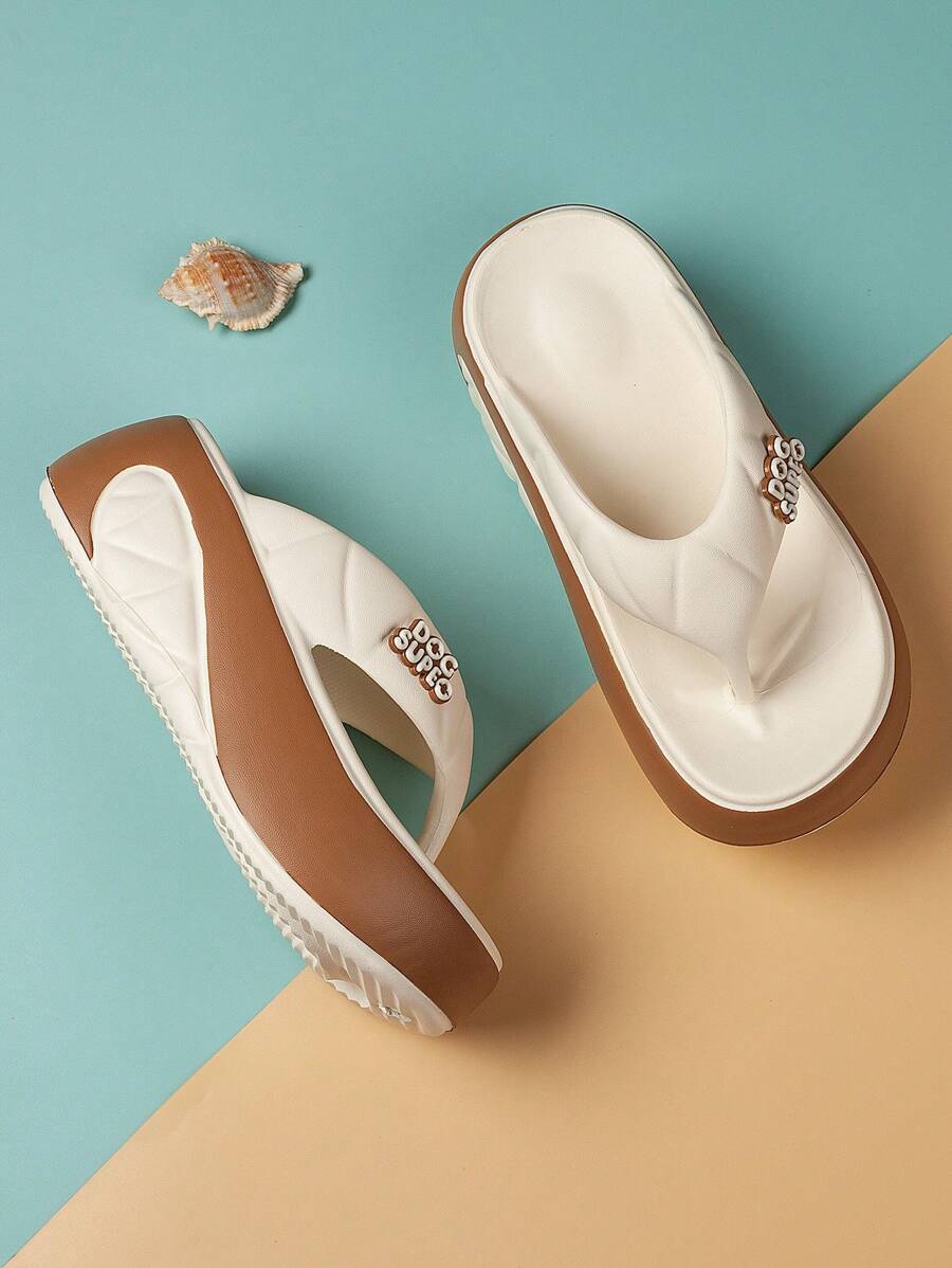 2024 新款女士厚底增高拖鞋，时尚户外人字拖凉鞋，适合矮个子女士，夏季 - 米色 - 查看 1