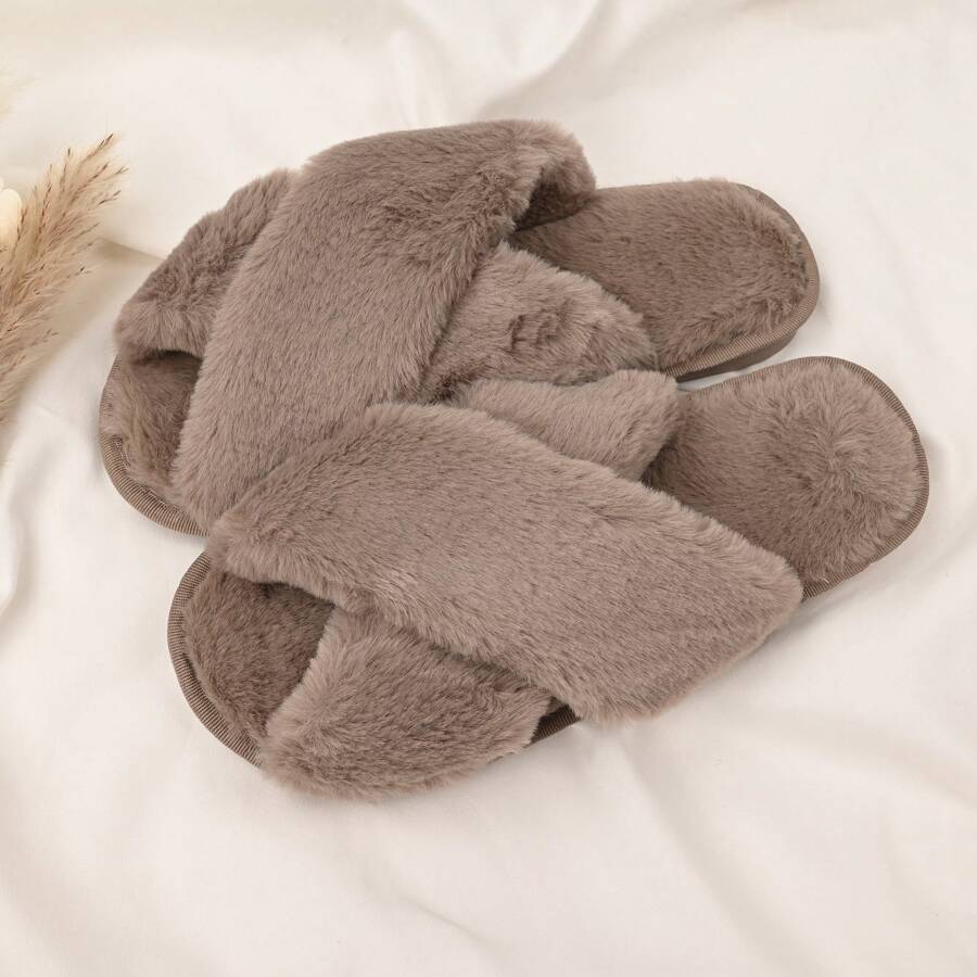 Women's Cross Strap Slippers Plush Soft Home Slippers Plush Warm Cozy Open Toe Fluffy Household Shoes Cozy Indoor Outdoor Non-Slip Breathable, Bride Slippers, Bride To Be Gift, Bridesmaid Gift, Bachelorette Party, Fluffy Slippers, Gifts For Mom,  Bridesmaid Gifts, Wedding Gifts, Bridesmaid Proposal, Fuzzy Slippers,  Pink Fuzzy Slippers,  Fuzzy Slipper Slides,  White Fuzzy Slippers,  Fuzzy Slipper Sandals Women,  Black Fuzzy Slippers,  Fuzzy Slipper Shoes,  Fuzzy Slippers For Girls,  Fuzzy Slippers For Women Indoor,  Fuzzy Slipper For Women ,  Fuzzy Slippers Girls,  Fuzzy Slippers For Women,  Plush Slippers For Women,  Plush Slippers Adult. - Brown - View 1